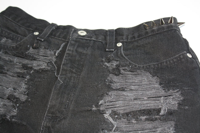 Black High Waisted Vintage Denim Shorts With Spikes Front Close Up