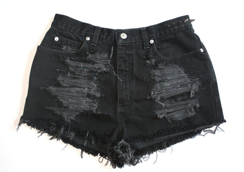 Black High Waisted Vintage Denim Shorts With Spikes Front