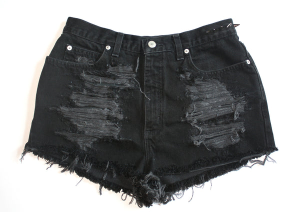 Black High Waisted Vintage Denim Shorts With Spikes Front