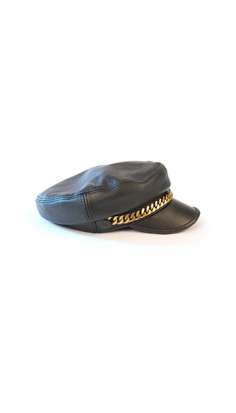 Black Leather Baker Boy Hat