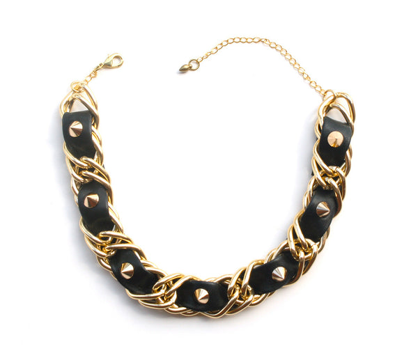 Black studded leather and chain choker necklace