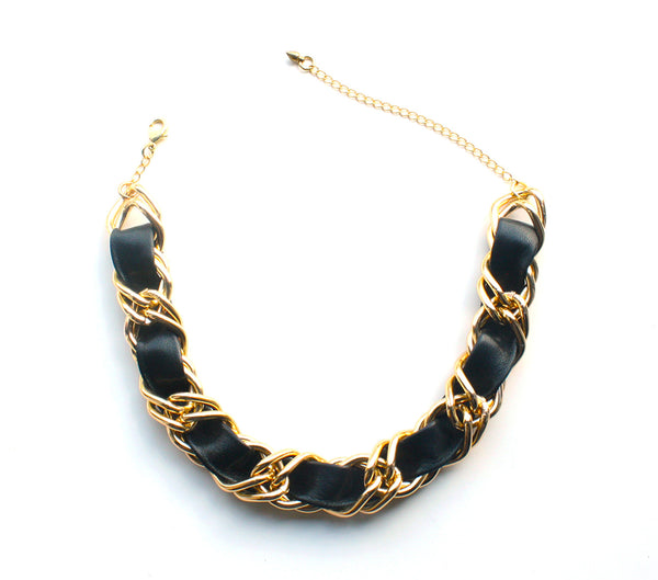 black woven leather and chain choker necklace