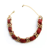 Red woven leather and chain choker necklace