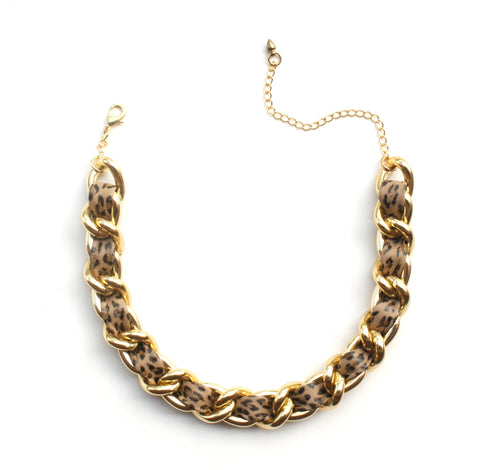 Leopard print leather and chain choker