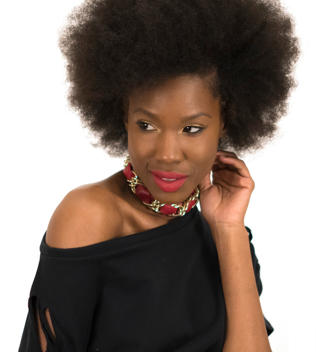 Red woven leather and chain choker necklace