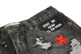 Shit Face Patch Vintage Denim Shorts Close Up