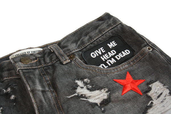Shit Face Patch Vintage Denim Shorts Close Up
