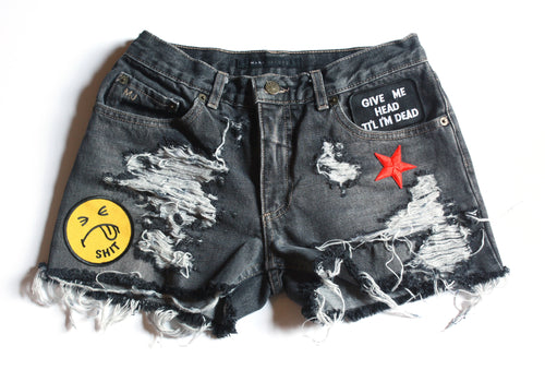 Shit Face Patch Vintage Denim Shorts Front
