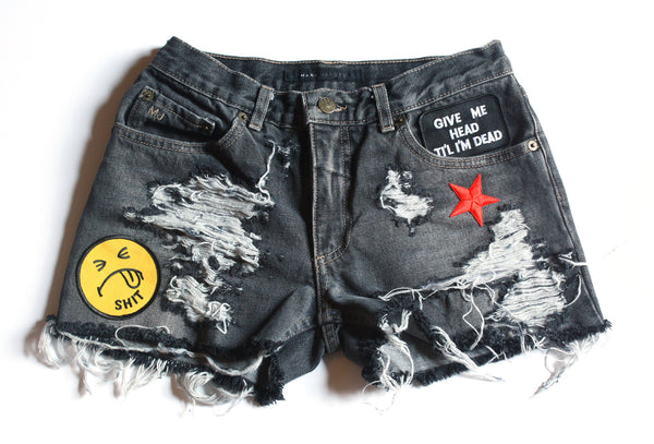 Shit Face Patch Vintage Denim Shorts Front