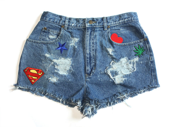 Super Girl Patch High Waisted Vintage Shorts Front